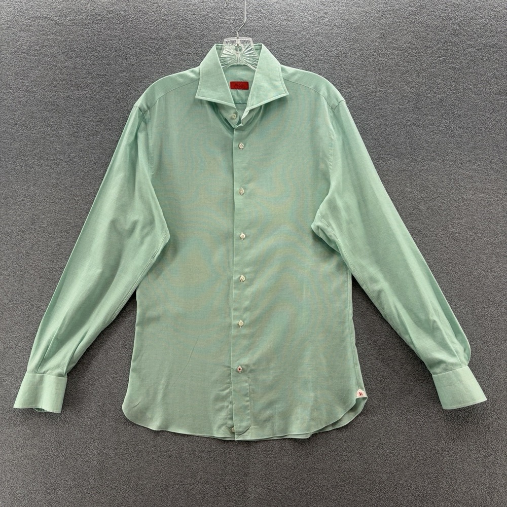 Isaia Napoli Dress Shirt Men 15.5 39 Green Woven Long Sleeve Italy